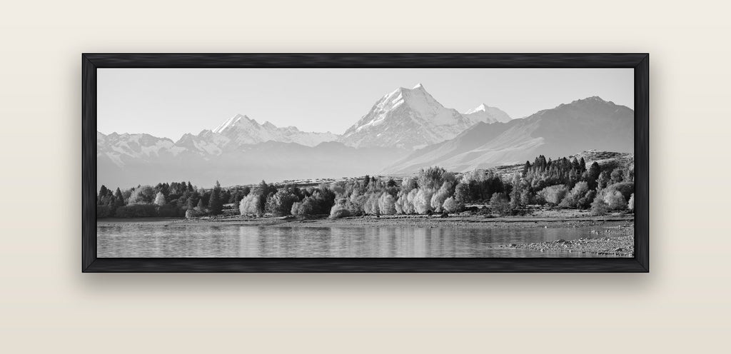 Above the Treeline, Mount Cook — black float frame canvas, 152 × 56 cm. New Zealand fine art landscape wall art by Stephen Milner.