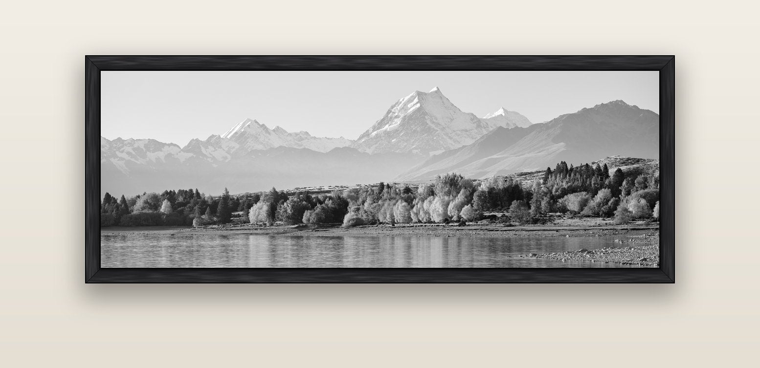Above the Treeline, Mount Cook — black float frame canvas, 152 × 56 cm. New Zealand fine art landscape wall art by Stephen Milner.