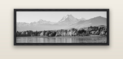 Above the Treeline, Mount Cook — black float frame canvas, 152 × 56 cm. New Zealand fine art landscape wall art by Stephen Milner.