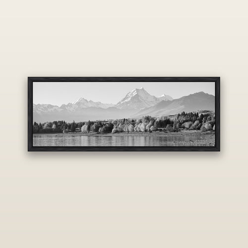 Above the Treeline, Mount Cook — black float frame canvas, 152 × 56 cm. New Zealand fine art landscape wall art by Stephen Milner.