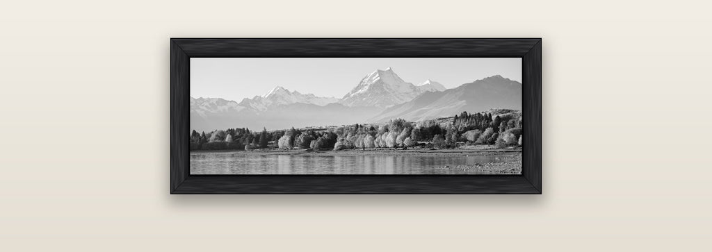 Above the Treeline, Mount Cook — black float frame canvas, 71 × 25 cm. New Zealand fine art landscape wall art by Stephen Milner.