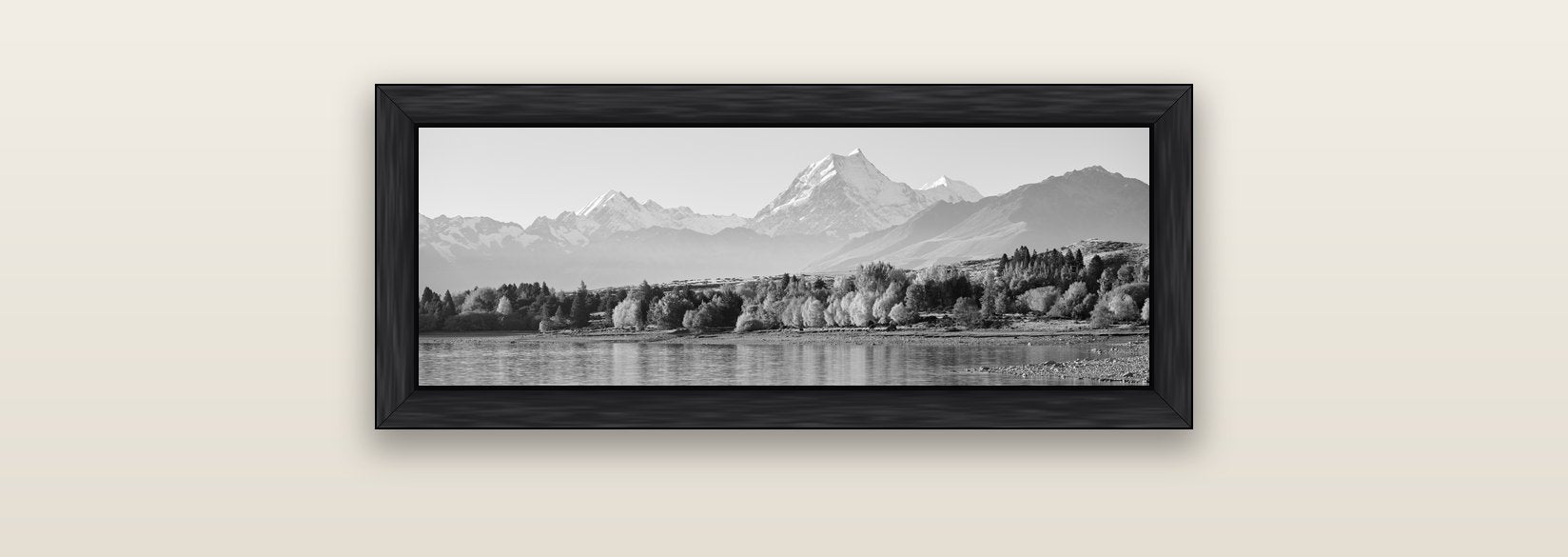 Above the Treeline, Mount Cook — black float frame canvas, 71 × 25 cm. New Zealand fine art landscape wall art by Stephen Milner.