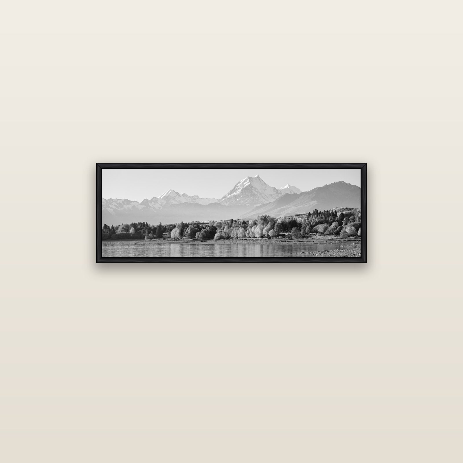 Above the Treeline, Mount Cook — black float frame canvas, 91 × 31 cm. New Zealand fine art landscape wall art by Stephen Milner.