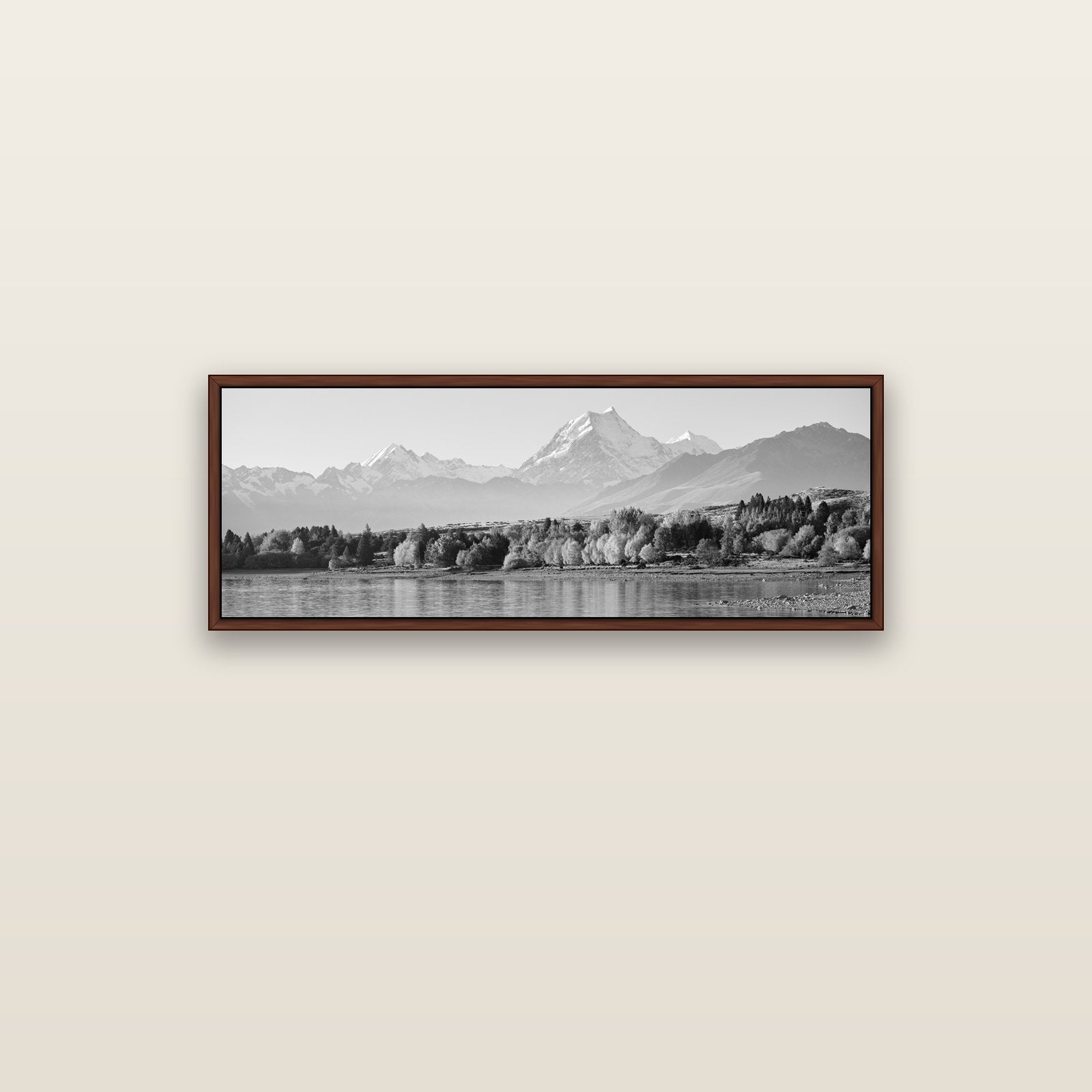 Above the Treeline, Mount Cook — brown float frame canvas, 102 × 36 cm. New Zealand fine art landscape wall art by Stephen Milner.