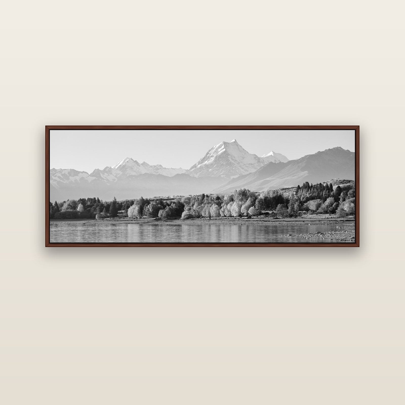 Above the Treeline, Mount Cook — brown float frame canvas, 152 × 56 cm. New Zealand fine art landscape wall art by Stephen Milner.