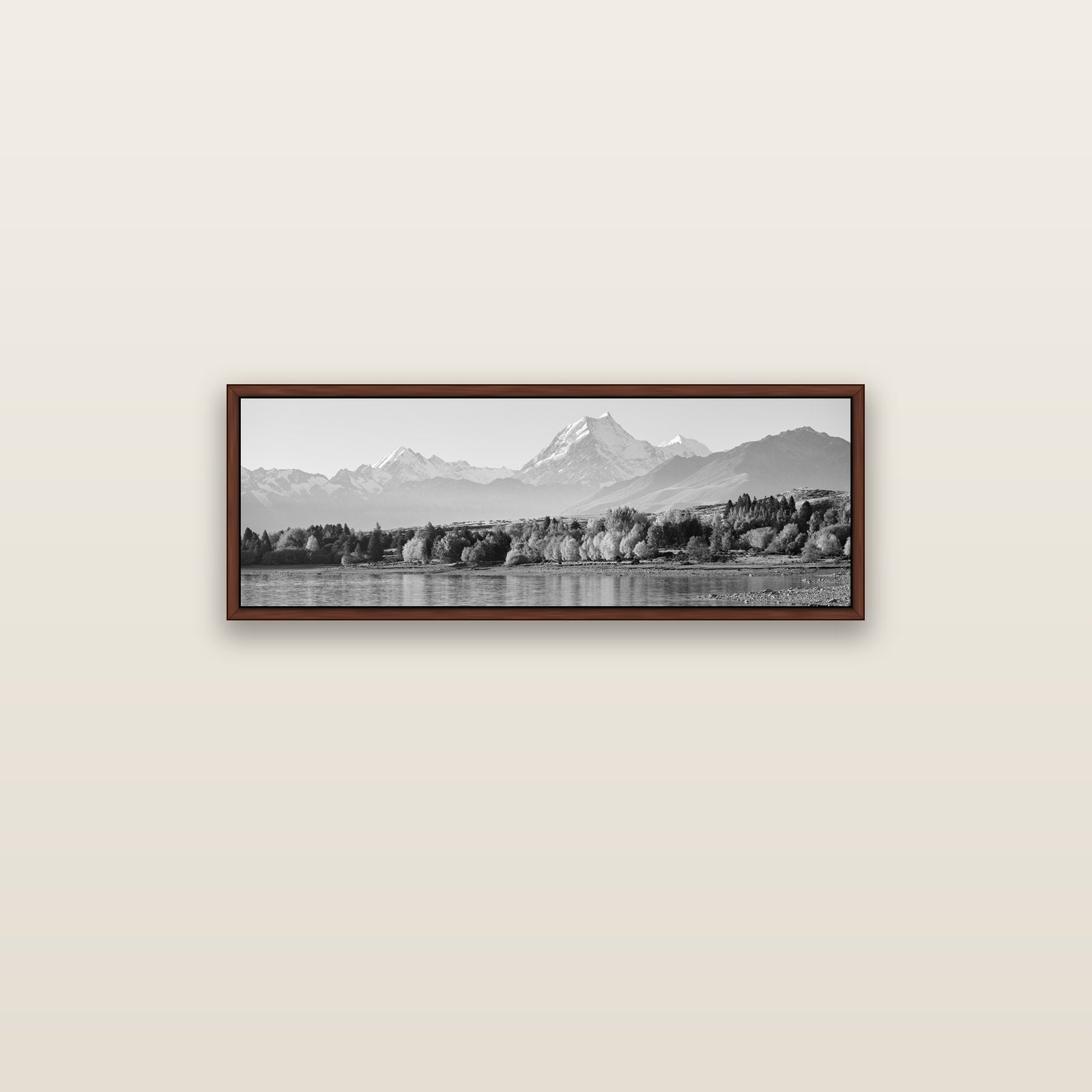 Above the Treeline, Mount Cook — brown float frame canvas, 91 × 31 cm. New Zealand fine art landscape wall art by Stephen Milner.