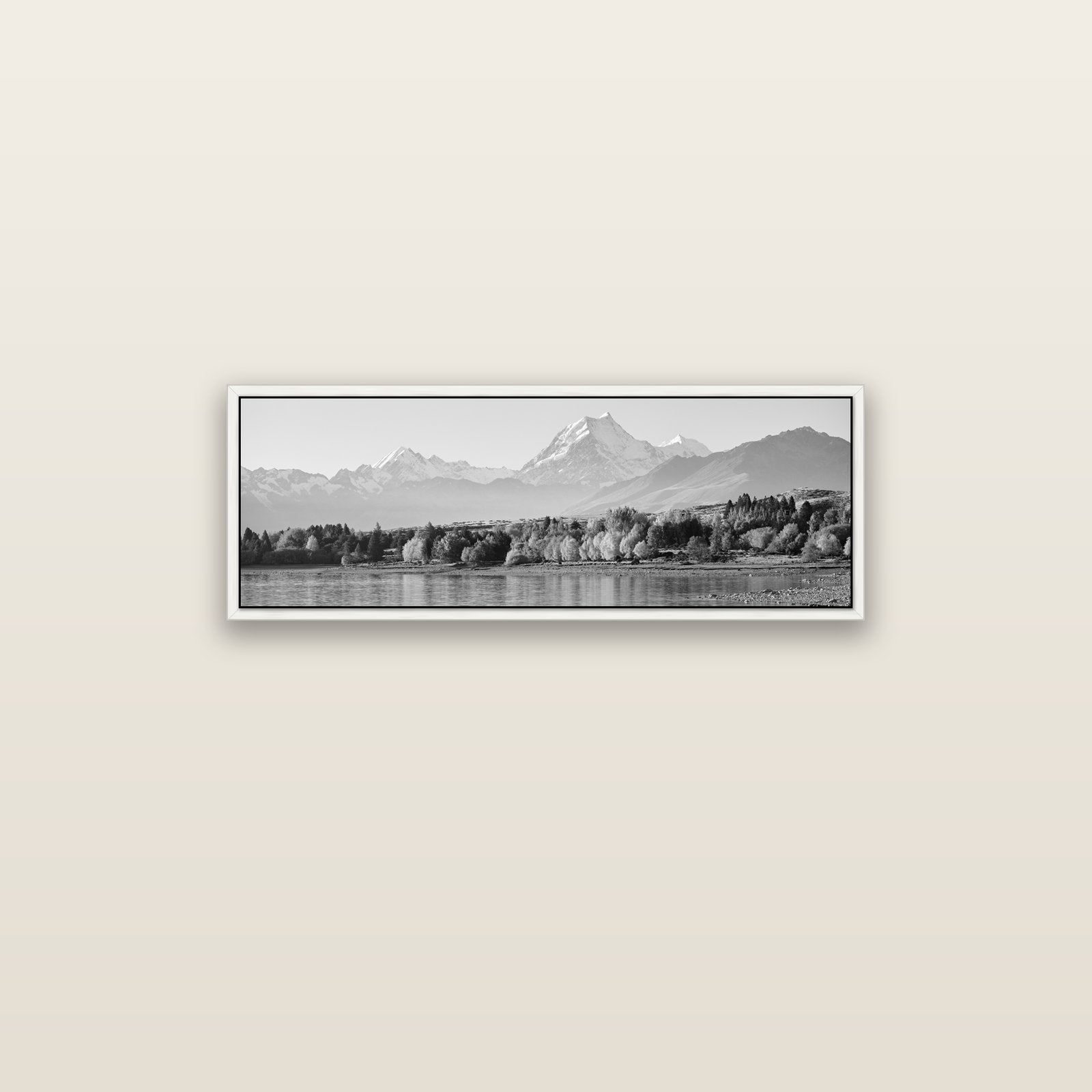 Above the Treeline, Mount Cook — white float frame canvas, 91 × 31 cm. New Zealand fine art landscape wall art by Stephen Milner.