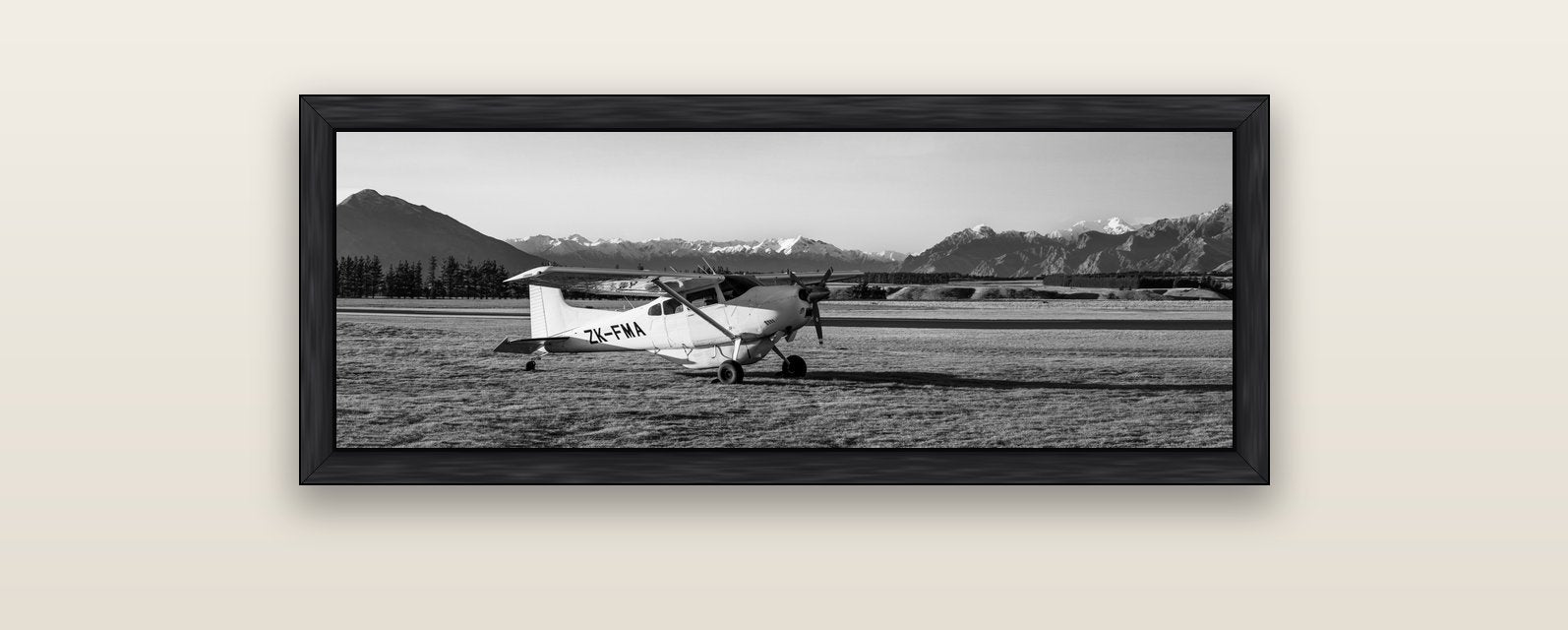 Adventure's Prelude, Sunset at Mount Aspiring — black float frame canvas, 102 × 36 cm. New Zealand fine art landscape wall art by Stephen Milner.