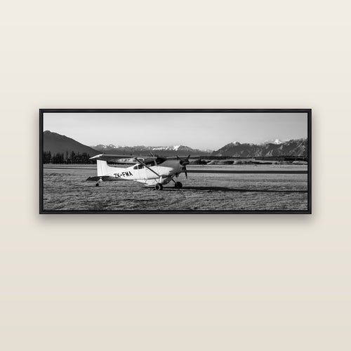 Adventure's Prelude, Sunset at Mount Aspiring — black float frame canvas, 152 × 56 cm. New Zealand fine art landscape wall art by Stephen Milner.