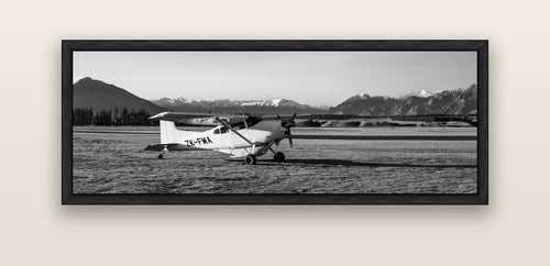 Adventure's Prelude, Sunset at Mount Aspiring — black float frame canvas, 152 × 56 cm. New Zealand fine art landscape wall art by Stephen Milner.