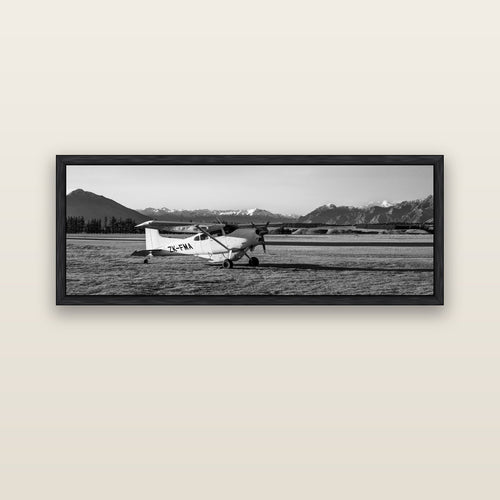 Adventure's Prelude, Sunset at Mount Aspiring — black float frame canvas, 152 × 56 cm. New Zealand fine art landscape wall art by Stephen Milner.
