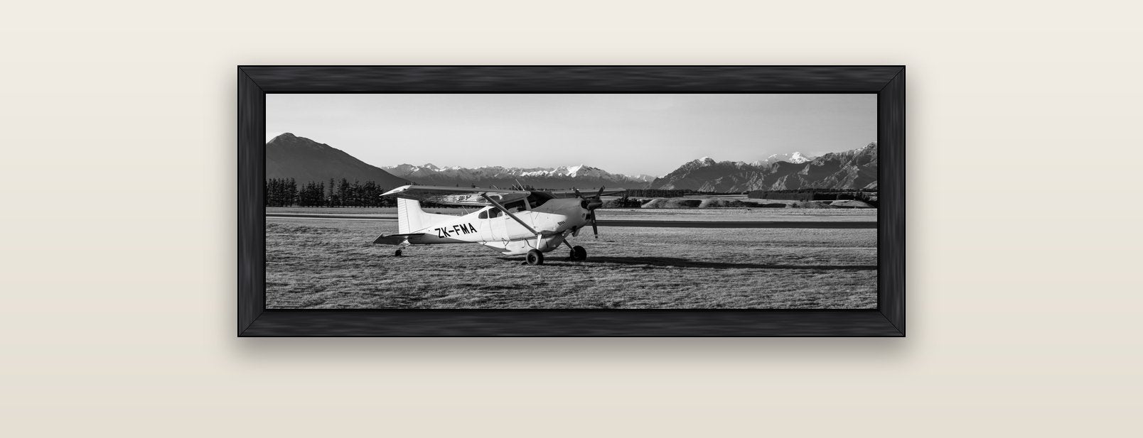 Adventure's Prelude, Sunset at Mount Aspiring — black float frame canvas, 91 × 31 cm. New Zealand fine art landscape wall art by Stephen Milner.