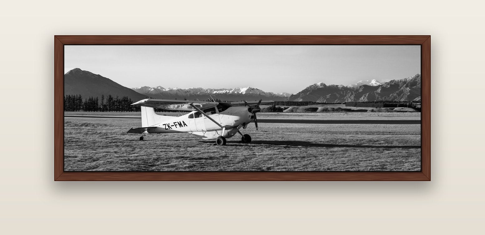 Adventure's Prelude, Sunset at Mount Aspiring — brown float frame canvas, 152 × 56 cm. New Zealand fine art landscape wall art by Stephen Milner.