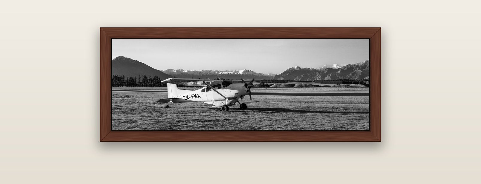 Adventure's Prelude, Sunset at Mount Aspiring — brown float frame canvas, 91 × 31 cm. New Zealand fine art landscape wall art by Stephen Milner.