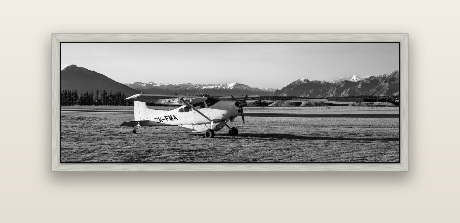Adventure's Prelude, Sunset at Mount Aspiring — silver float frame canvas, 152 × 56 cm. New Zealand fine art landscape wall art by Stephen Milner.