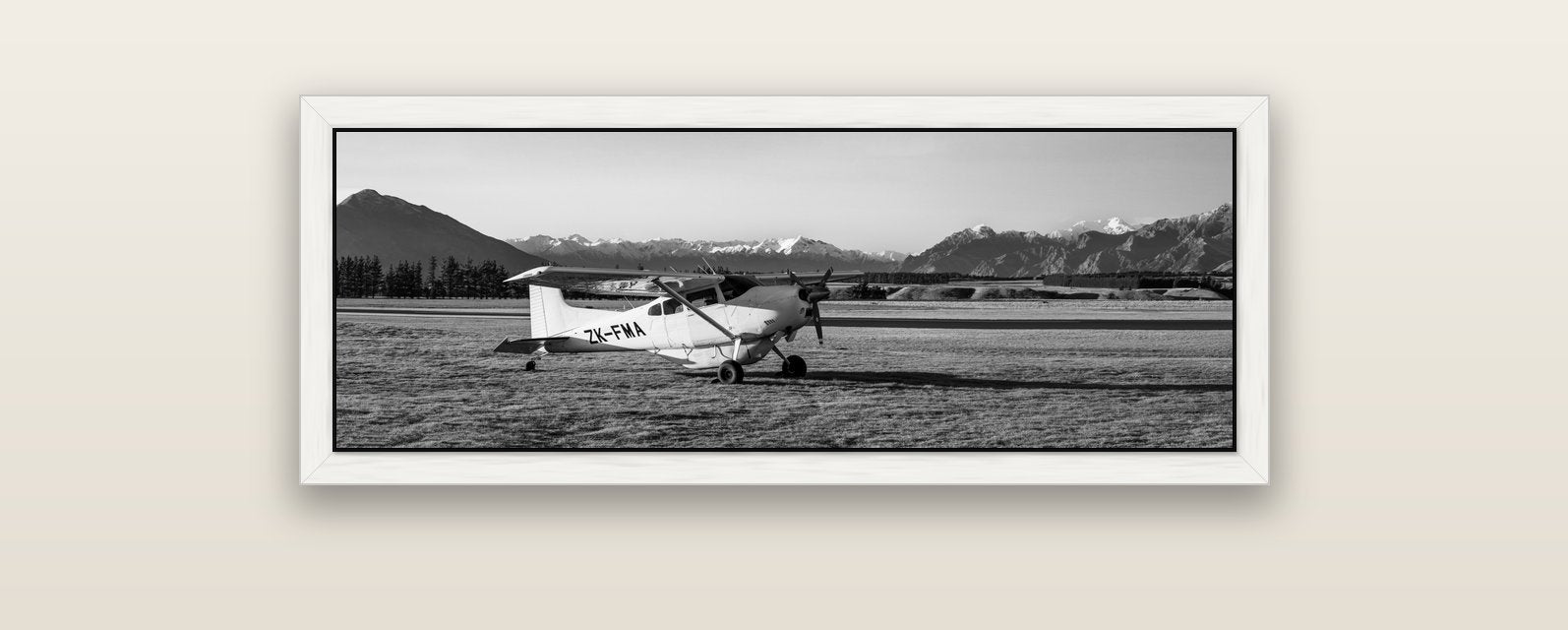 Adventure's Prelude, Sunset at Mount Aspiring — white float frame canvas, 102 × 36 cm. New Zealand fine art landscape wall art by Stephen Milner.