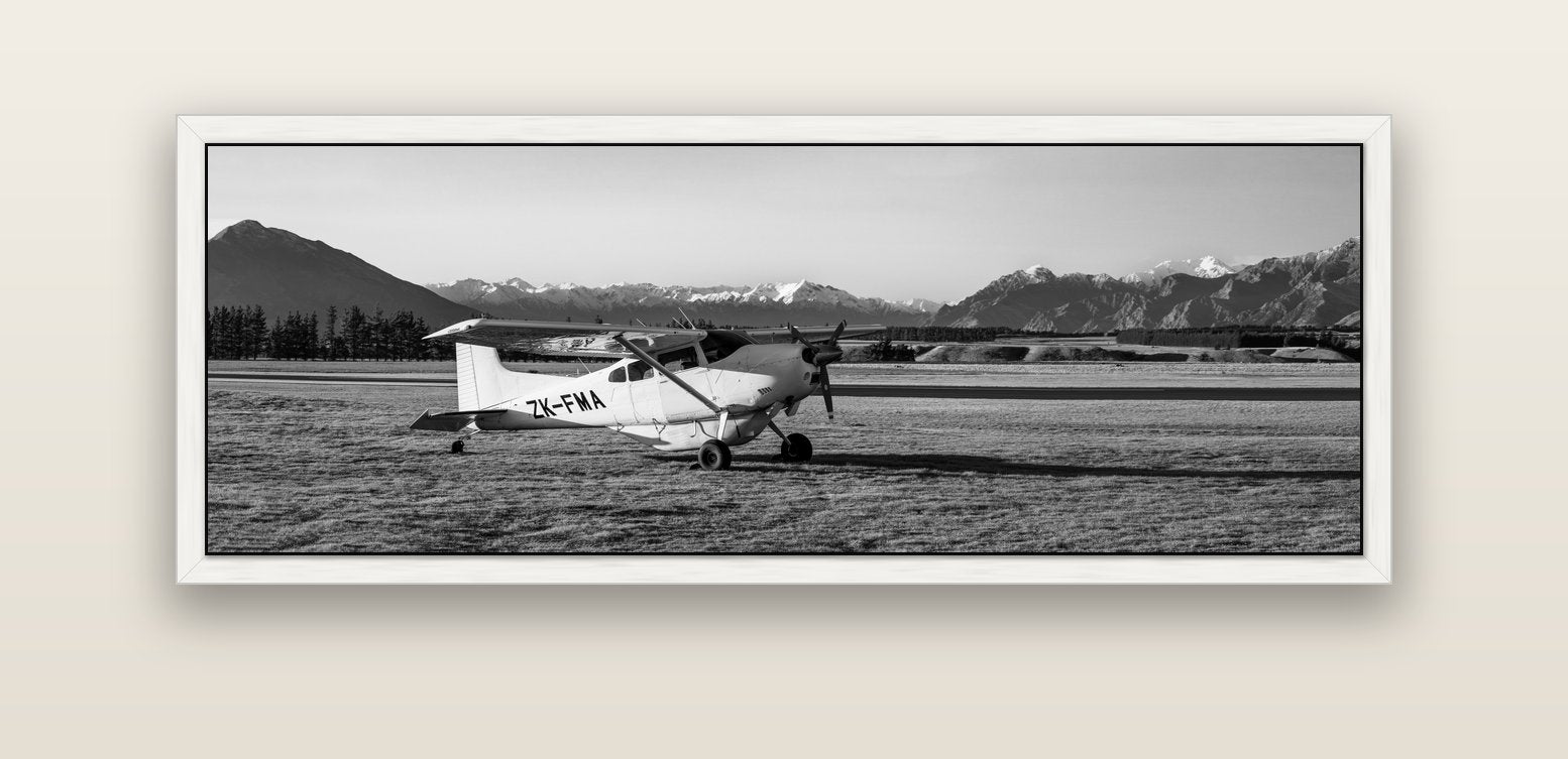 Adventure's Prelude, Sunset at Mount Aspiring — white float frame canvas, 152 × 56 cm. New Zealand fine art landscape wall art by Stephen Milner.