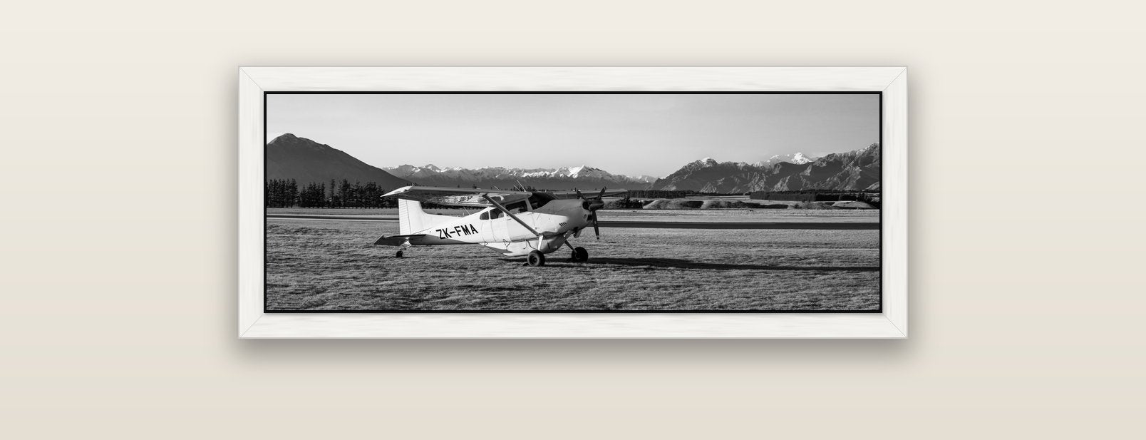 Adventure's Prelude, Sunset at Mount Aspiring — white float frame canvas, 91 × 31 cm. New Zealand fine art landscape wall art by Stephen Milner.