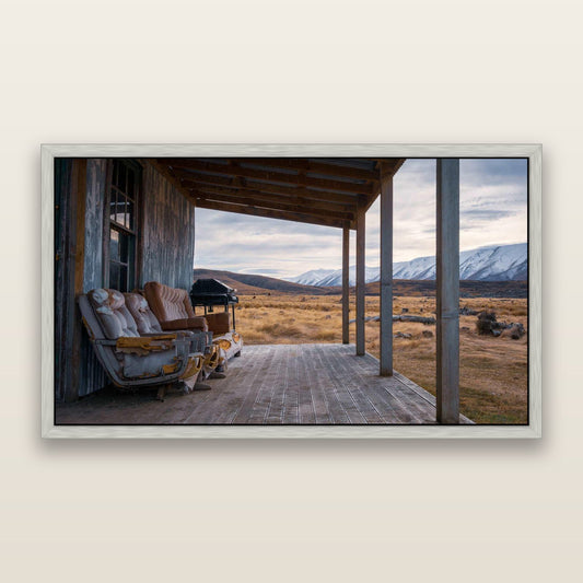 Alpine Retreat, Rustic Comfort Amidst Splendour — framed metallic canvas print, Antique Silver frame. New Zealand fine art landscape wall art by Stephen Milner.