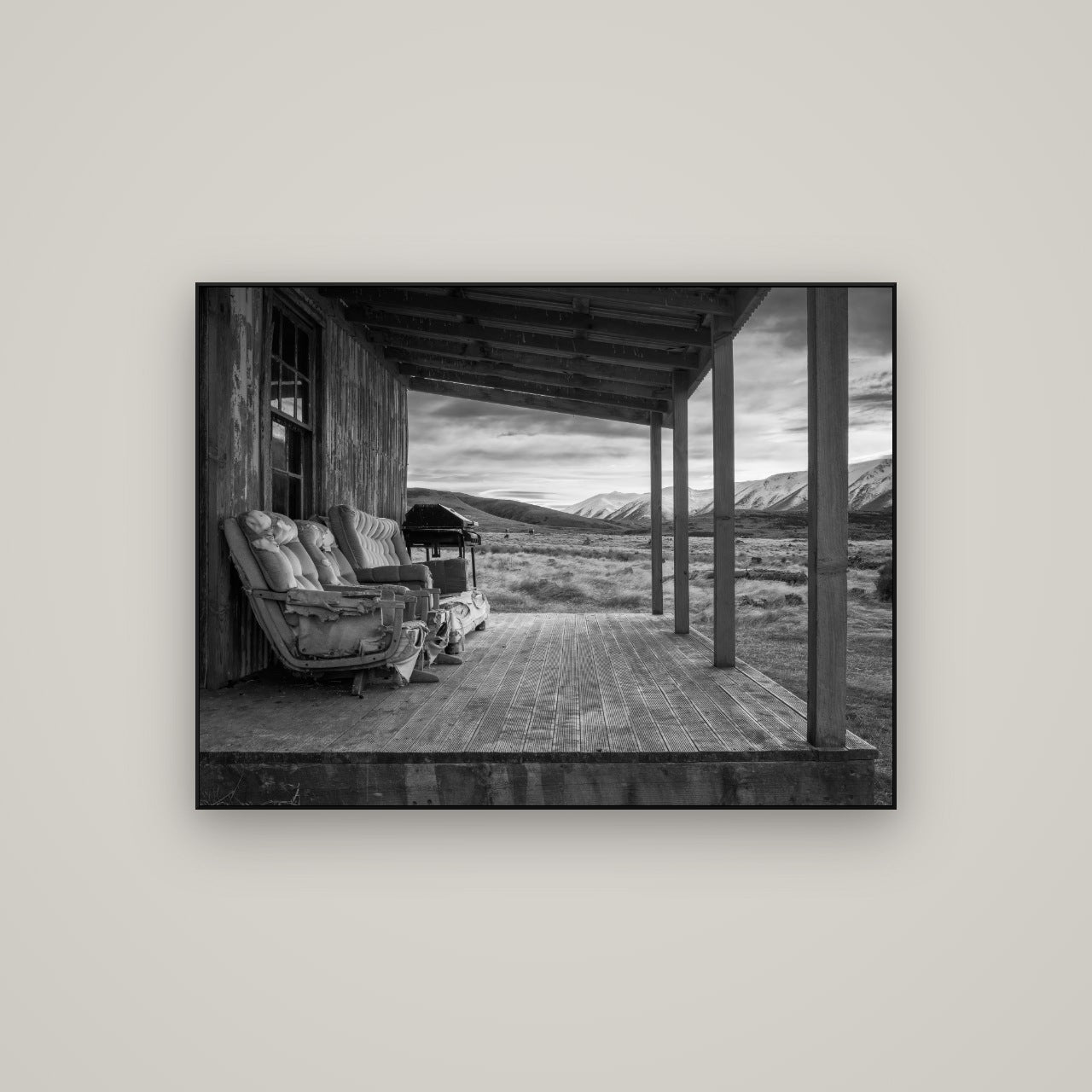 Alpine Retreat, Rustic Comfort Amidst Splendour — ArtBox Black, 107×80 cm. New Zealand fine art wall art by Stephen Milner.