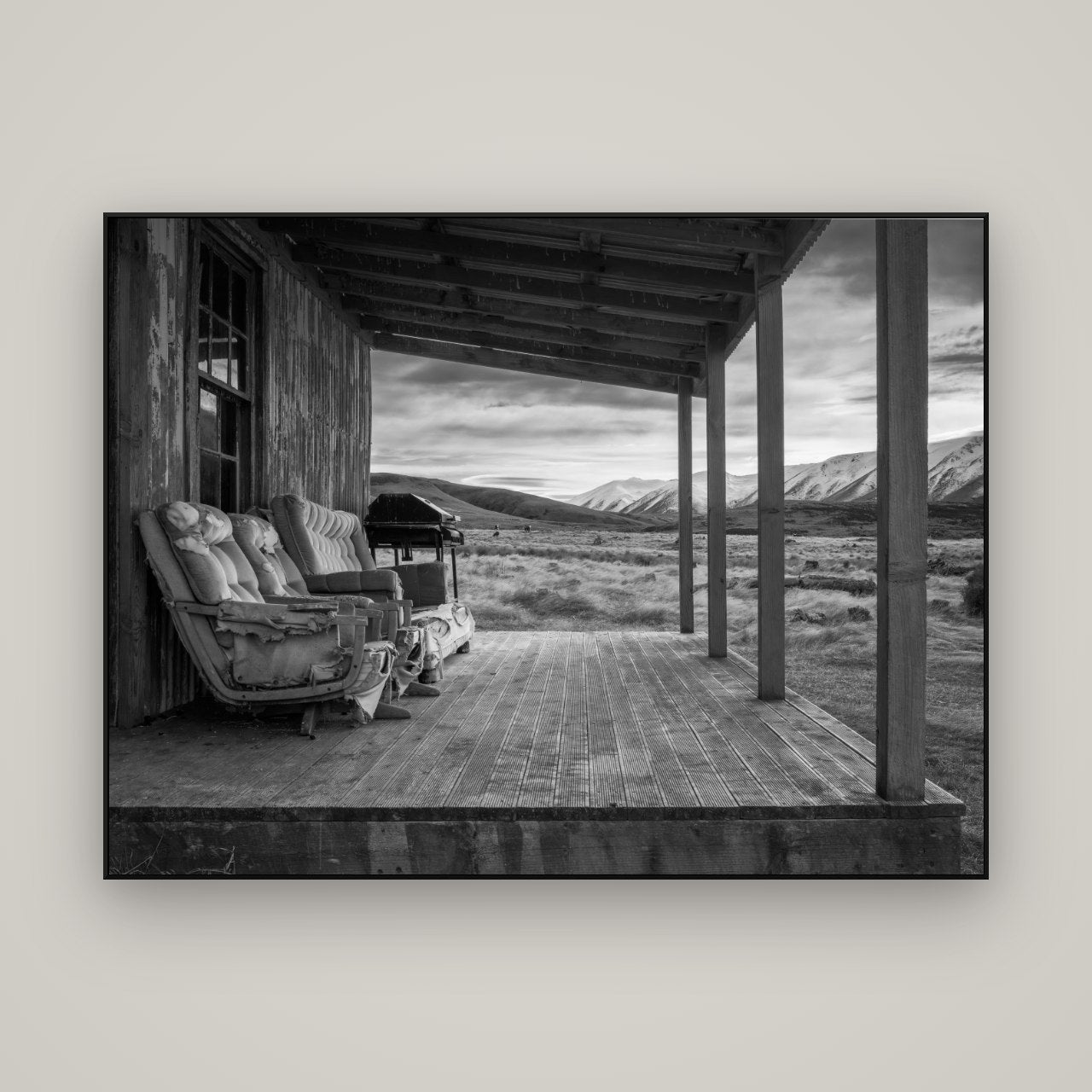 Alpine Retreat, Rustic Comfort Amidst Splendour — ArtBox Black, 160×120 cm. New Zealand fine art wall art by Stephen Milner.