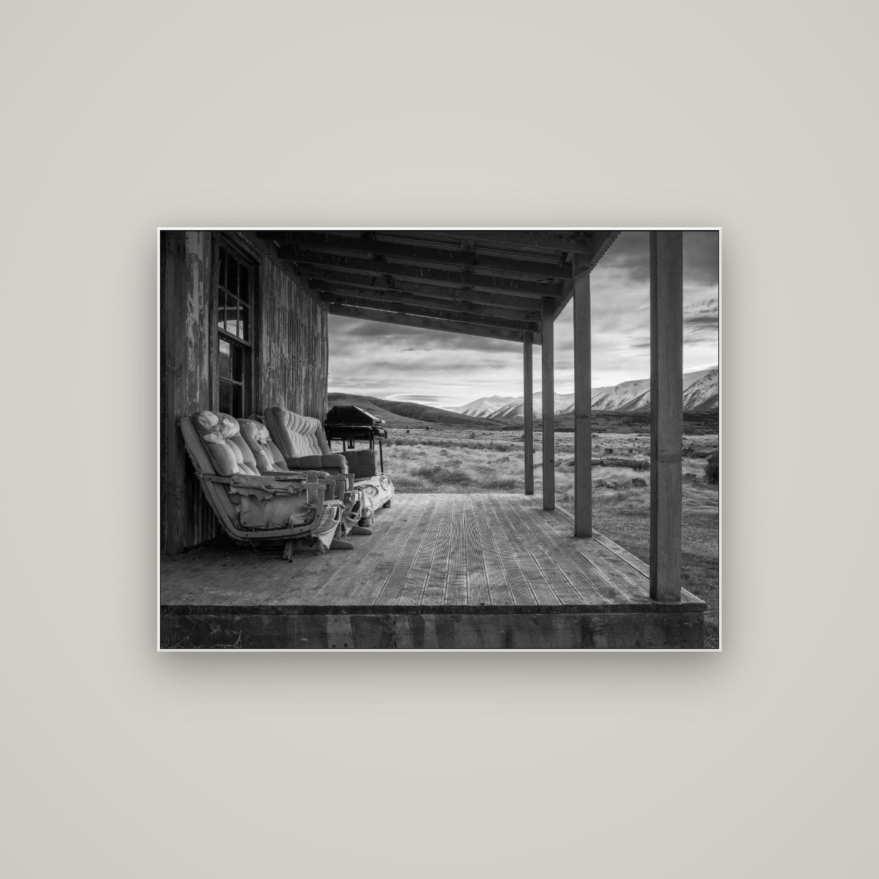 Alpine Retreat, Rustic Comfort Amidst Splendour — ArtBox White, 107×80 cm. New Zealand fine art wall art by Stephen Milner.