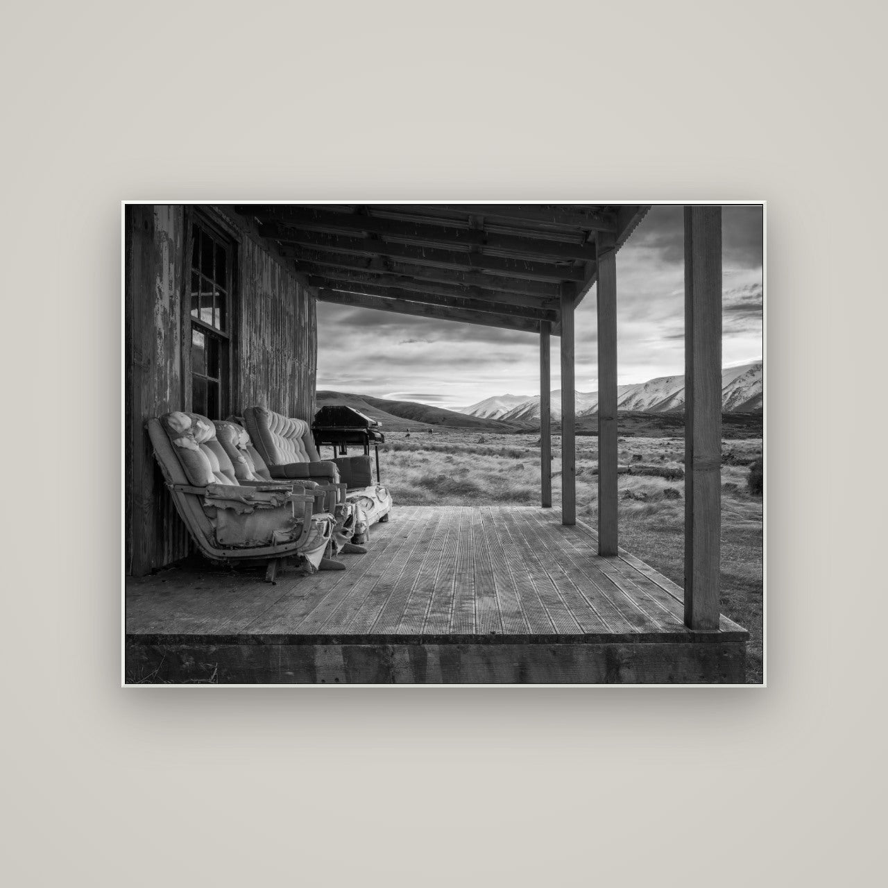 Alpine Retreat, Rustic Comfort Amidst Splendour — ArtBox White, 133×100 cm. New Zealand fine art wall art by Stephen Milner.