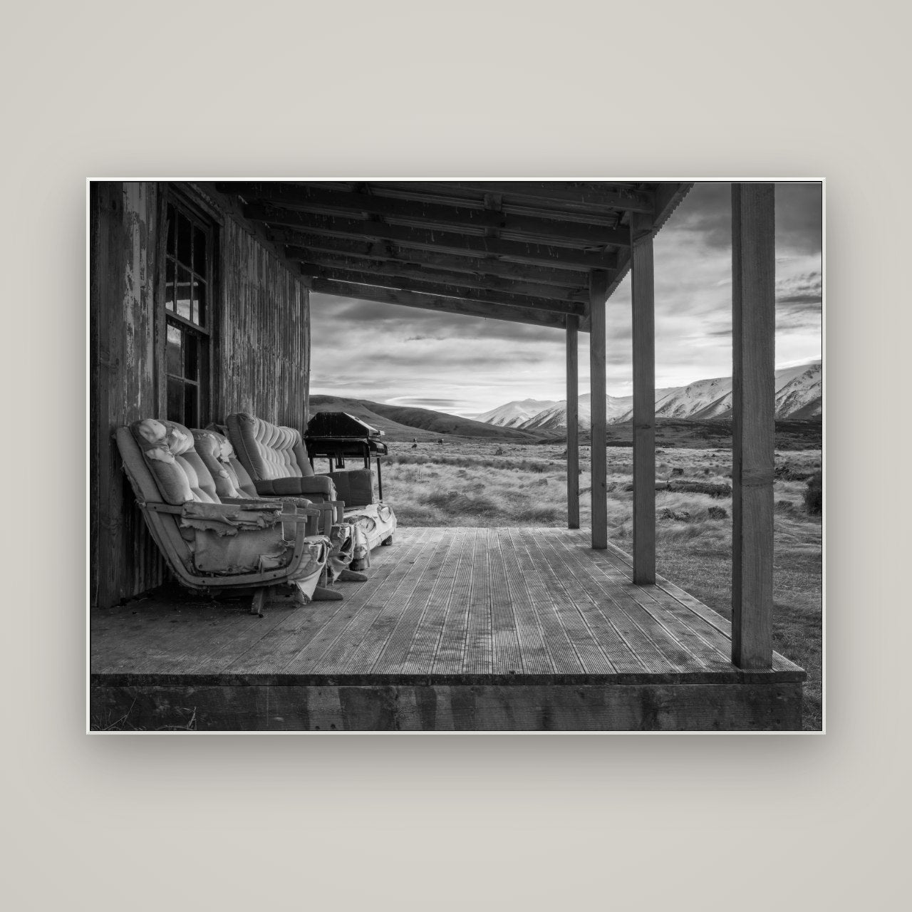 Alpine Retreat, Rustic Comfort Amidst Splendour — ArtBox White, 160×120 cm. New Zealand fine art wall art by Stephen Milner.