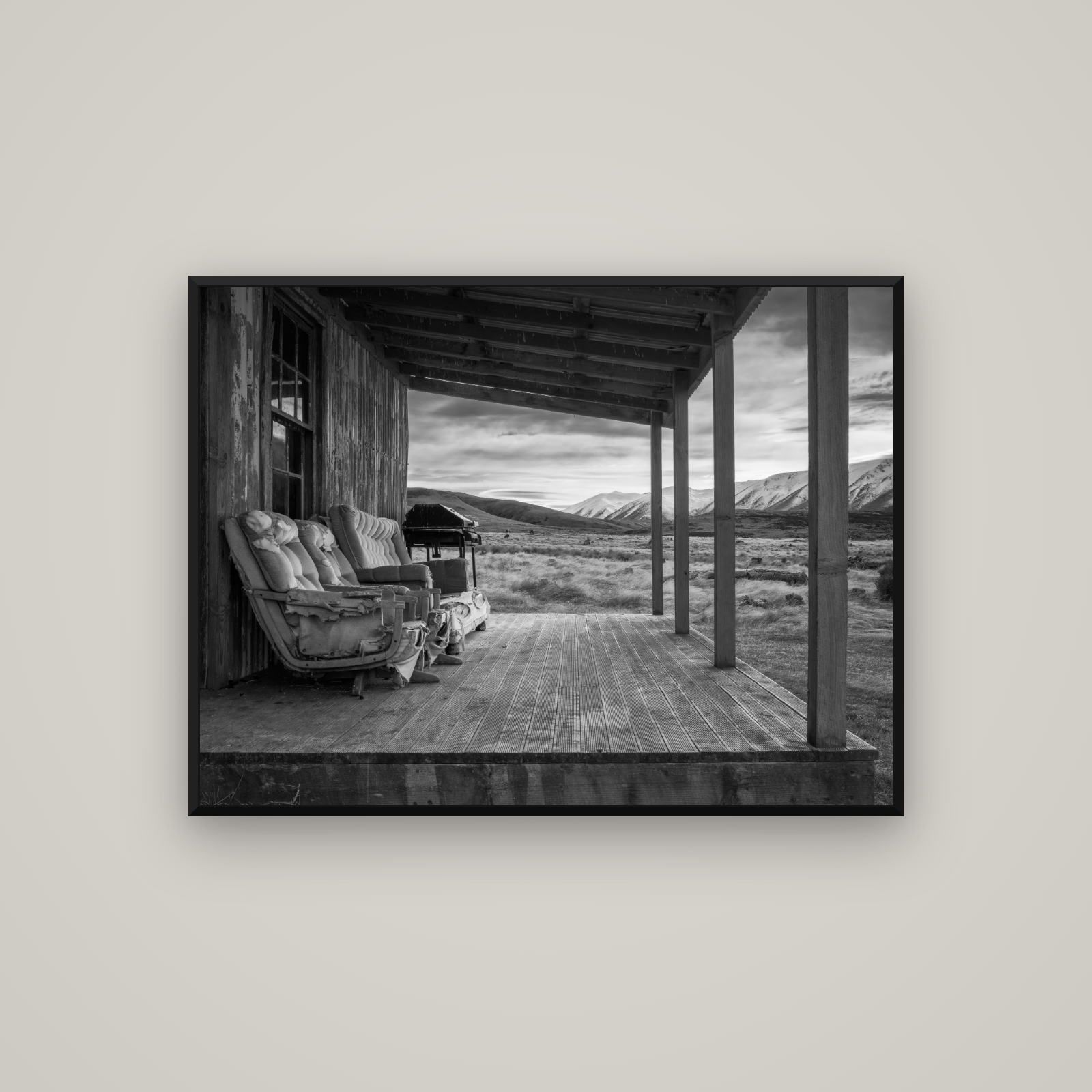 Alpine Retreat, Rustic Comfort Amidst Splendour — Basel Black Matte, 107×80 cm. New Zealand fine art wall art by Stephen Milner.