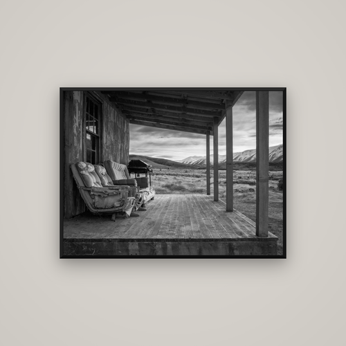 Alpine Retreat, Rustic Comfort Amidst Splendour — Basel Black Matte, 107×80 cm. New Zealand fine art wall art by Stephen Milner.