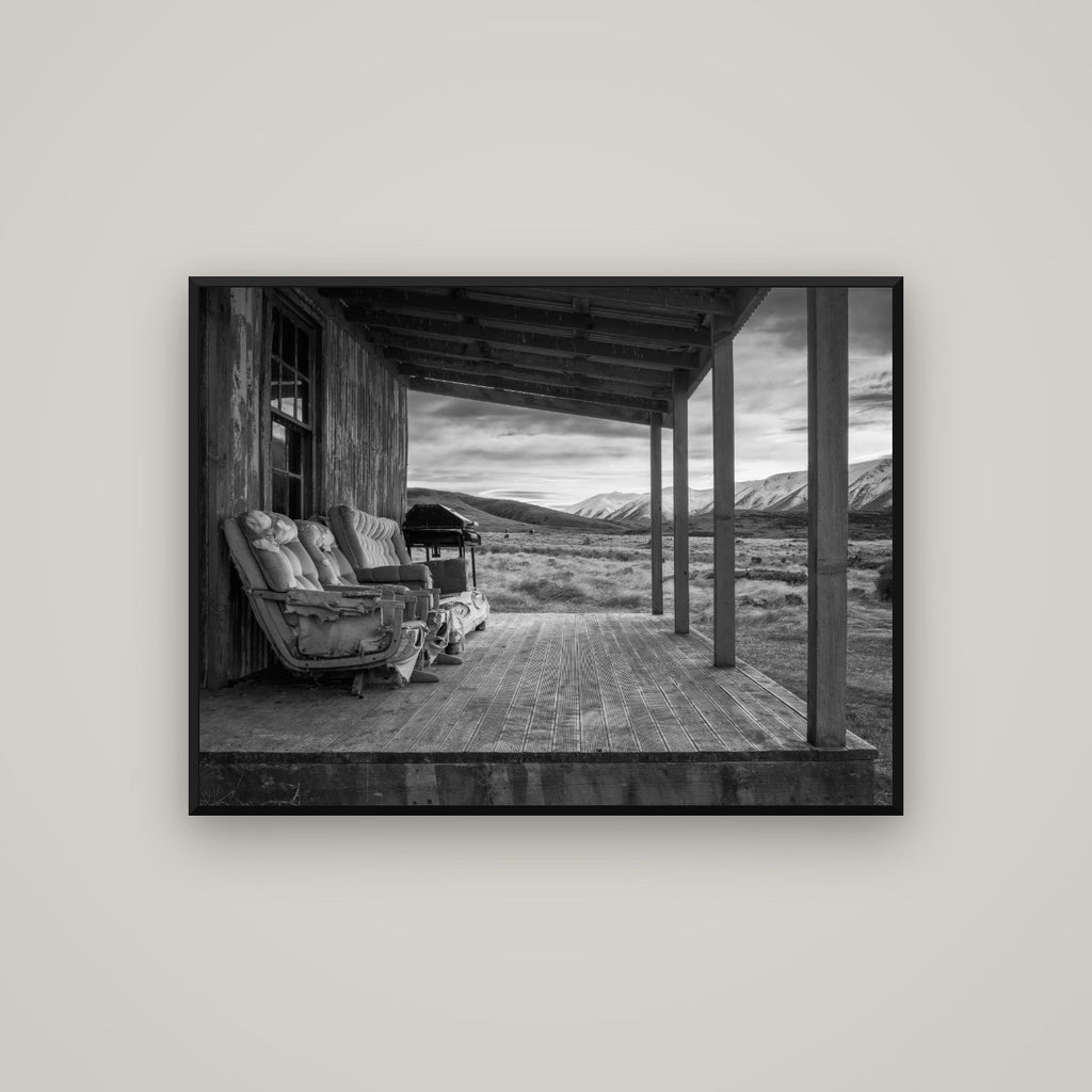 Alpine Retreat, Rustic Comfort Amidst Splendour — Basel Black Matte, 107×80 cm. New Zealand fine art wall art by Stephen Milner.