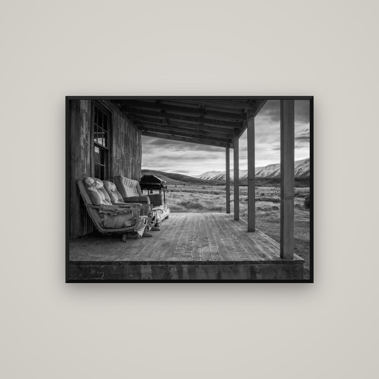 Alpine Retreat, Rustic Comfort Amidst Splendour — Basel Black, 107×80 cm. New Zealand fine art wall art by Stephen Milner.
