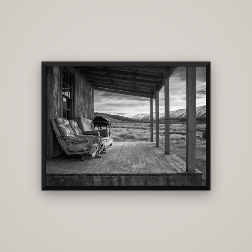 Alpine Retreat, Rustic Comfort Amidst Splendour — Basel Black, 107×80 cm. New Zealand fine art wall art by Stephen Milner.