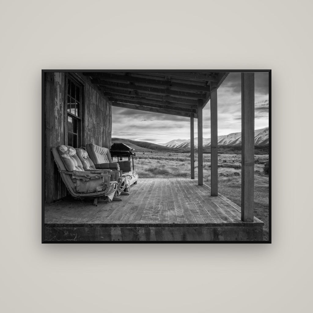 Alpine Retreat, Rustic Comfort Amidst Splendour — Basel Black Matte, 133×100 cm. New Zealand fine art wall art by Stephen Milner.