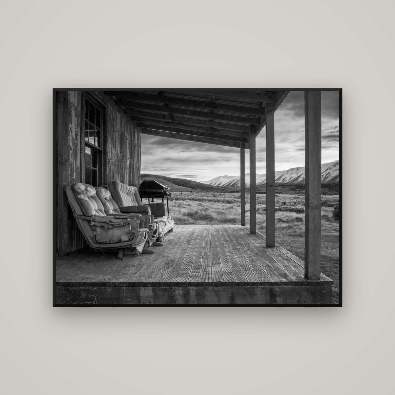 Alpine Retreat, Rustic Comfort Amidst Splendour — Basel Black Matte, 133×100 cm. New Zealand fine art wall art by Stephen Milner.