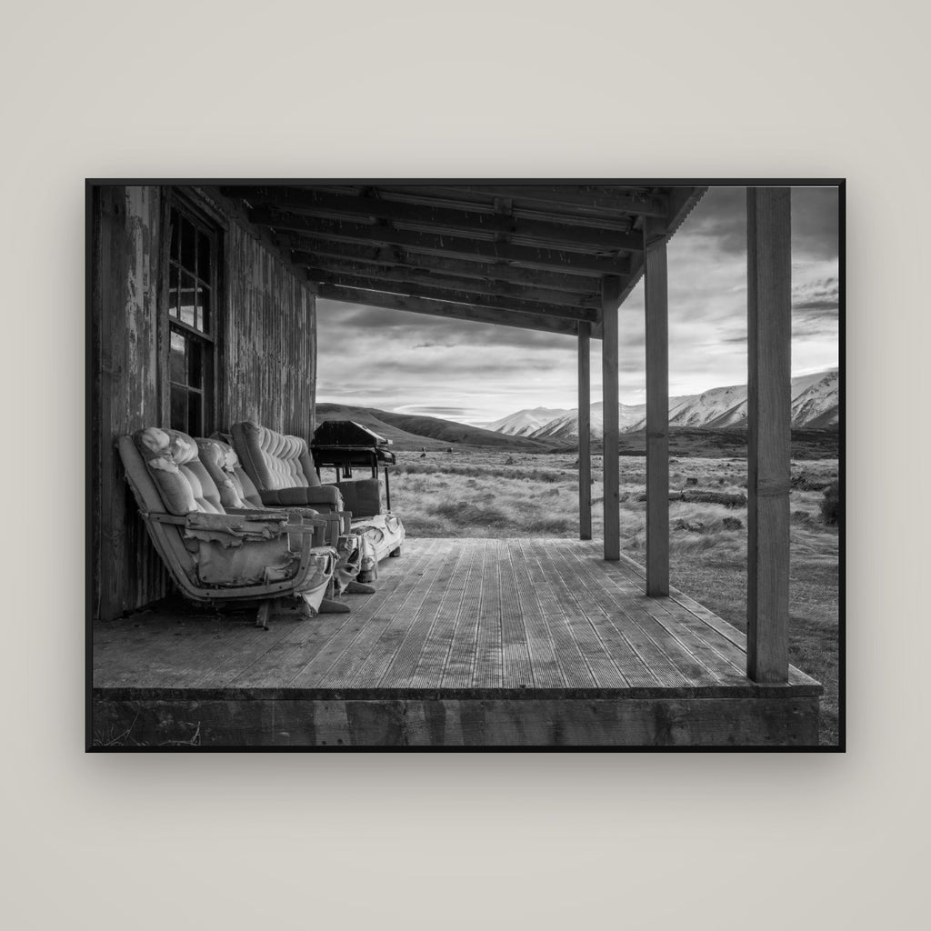 Alpine Retreat, Rustic Comfort Amidst Splendour — Basel Black Matte, 160×120 cm. New Zealand fine art wall art by Stephen Milner.