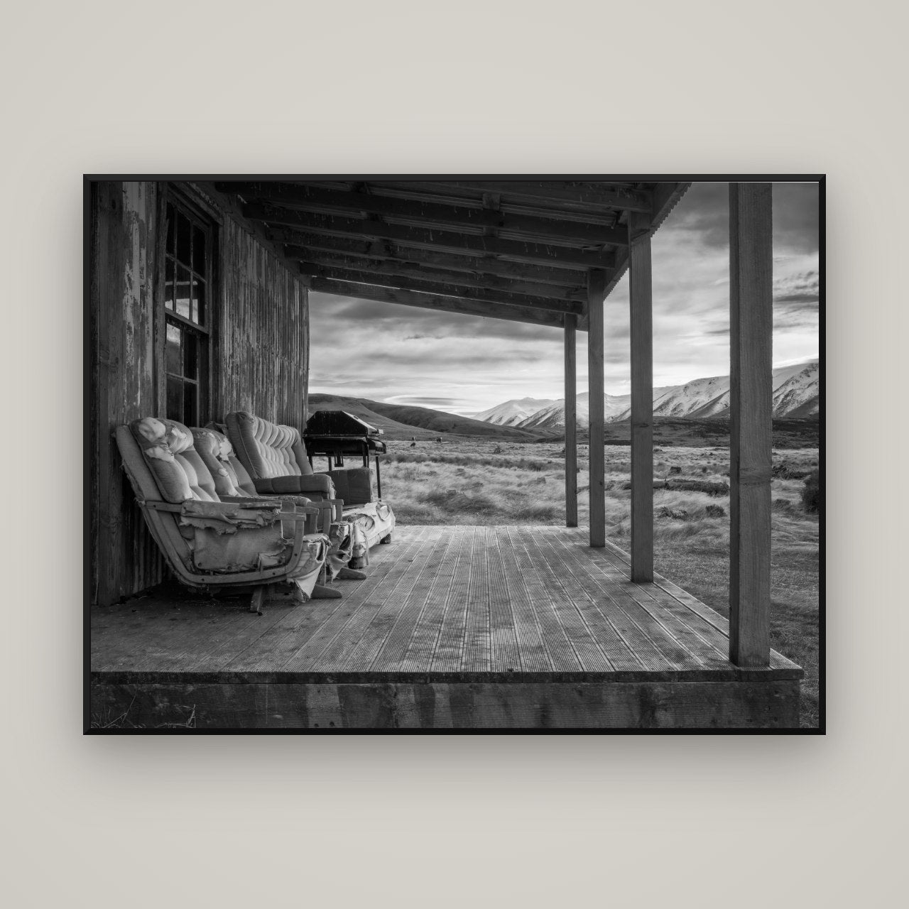 Alpine Retreat, Rustic Comfort Amidst Splendour — Basel Black, 160×120 cm. New Zealand fine art wall art by Stephen Milner.
