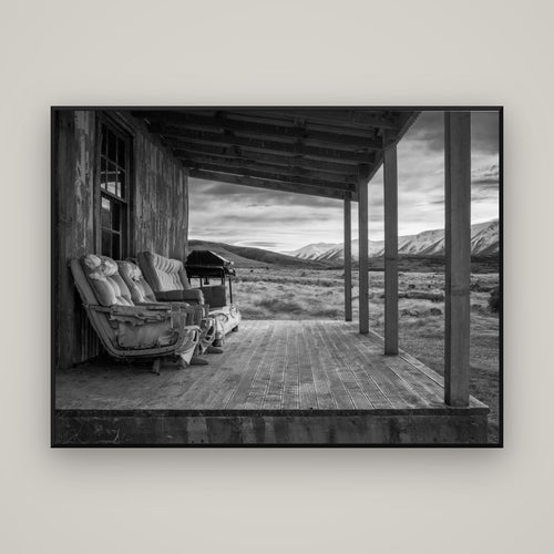 Alpine Retreat, Rustic Comfort Amidst Splendour — Basel Black, 160×120 cm. New Zealand fine art wall art by Stephen Milner.