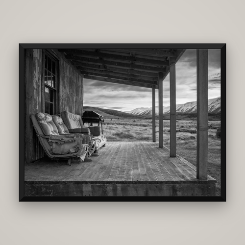 Alpine Retreat, Rustic Comfort Amidst Splendour — Basel Black, 160×120 cm. New Zealand fine art wall art by Stephen Milner.