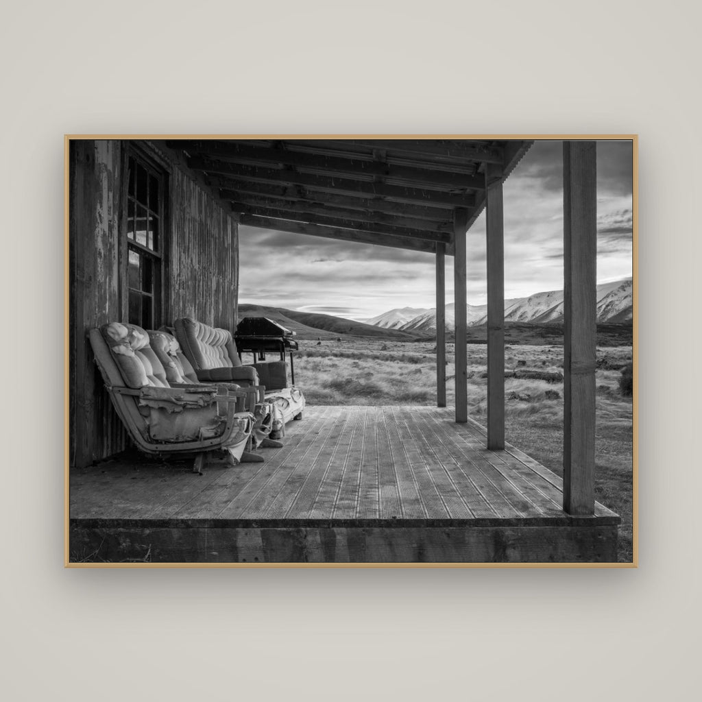 Alpine Retreat, Rustic Comfort Amidst Splendour, Basel Natural Oak, 160×120 cm. New Zealand fine art wall art by Stephen Milner.