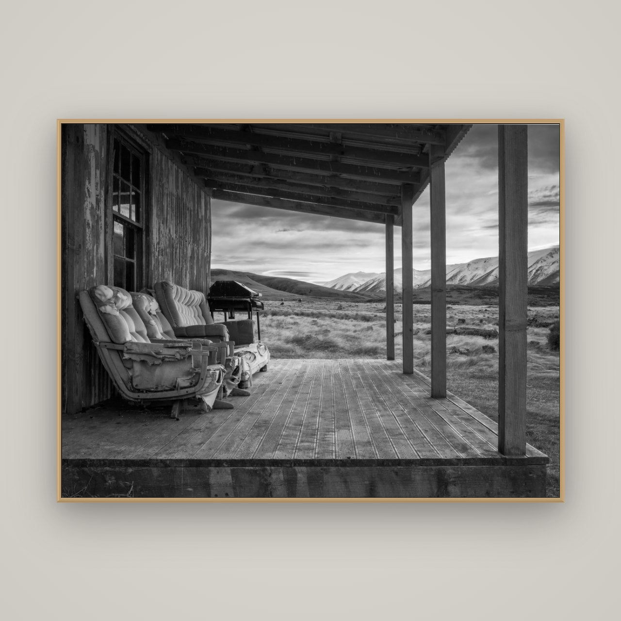 Alpine Retreat, Rustic Comfort Amidst Splendour, Basel Natural Oak, 160×120 cm. New Zealand fine art wall art by Stephen Milner.