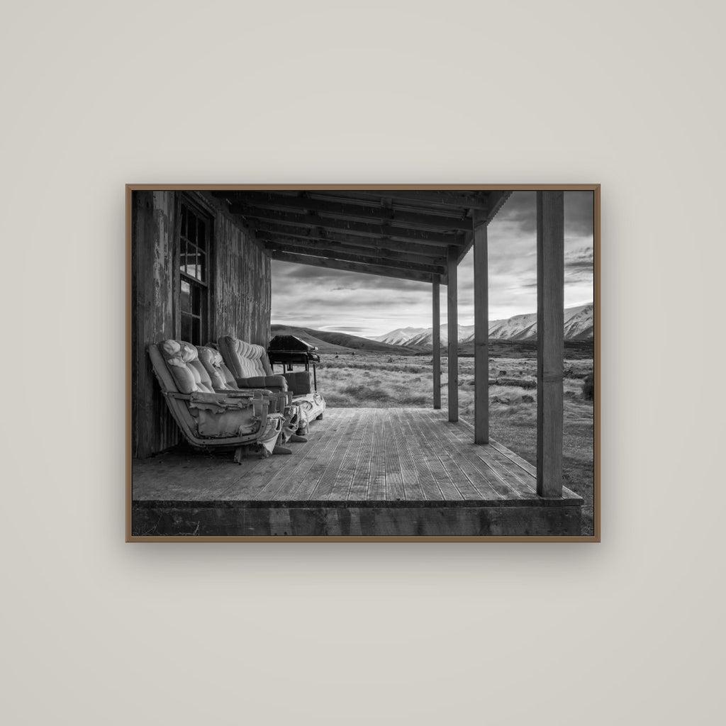 Alpine Retreat, Rustic Comfort Amidst Splendour, Basel Walnut, 107×80 cm. New Zealand fine art wall art by Stephen Milner.