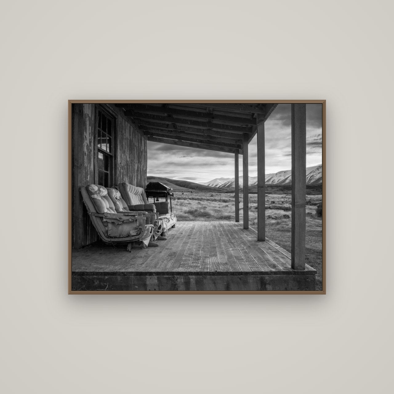 Alpine Retreat, Rustic Comfort Amidst Splendour, Basel Walnut, 107×80 cm. New Zealand fine art wall art by Stephen Milner.