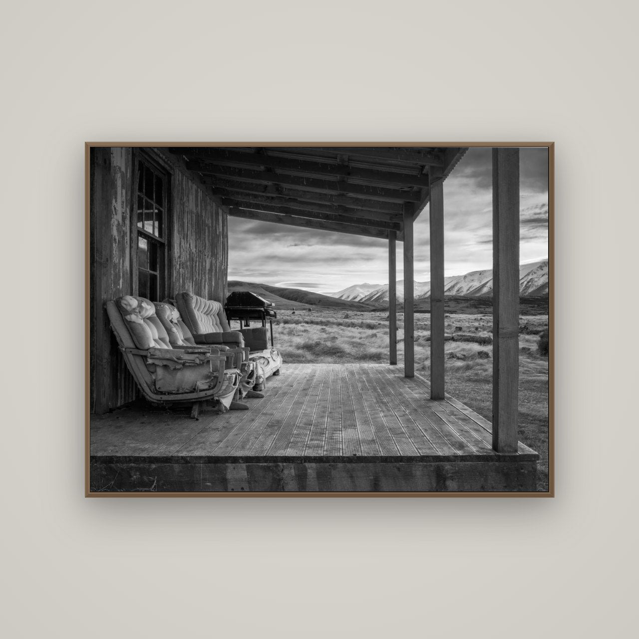 Alpine Retreat, Rustic Comfort Amidst Splendour, Basel Walnut, 133×100 cm. New Zealand fine art wall art by Stephen Milner.