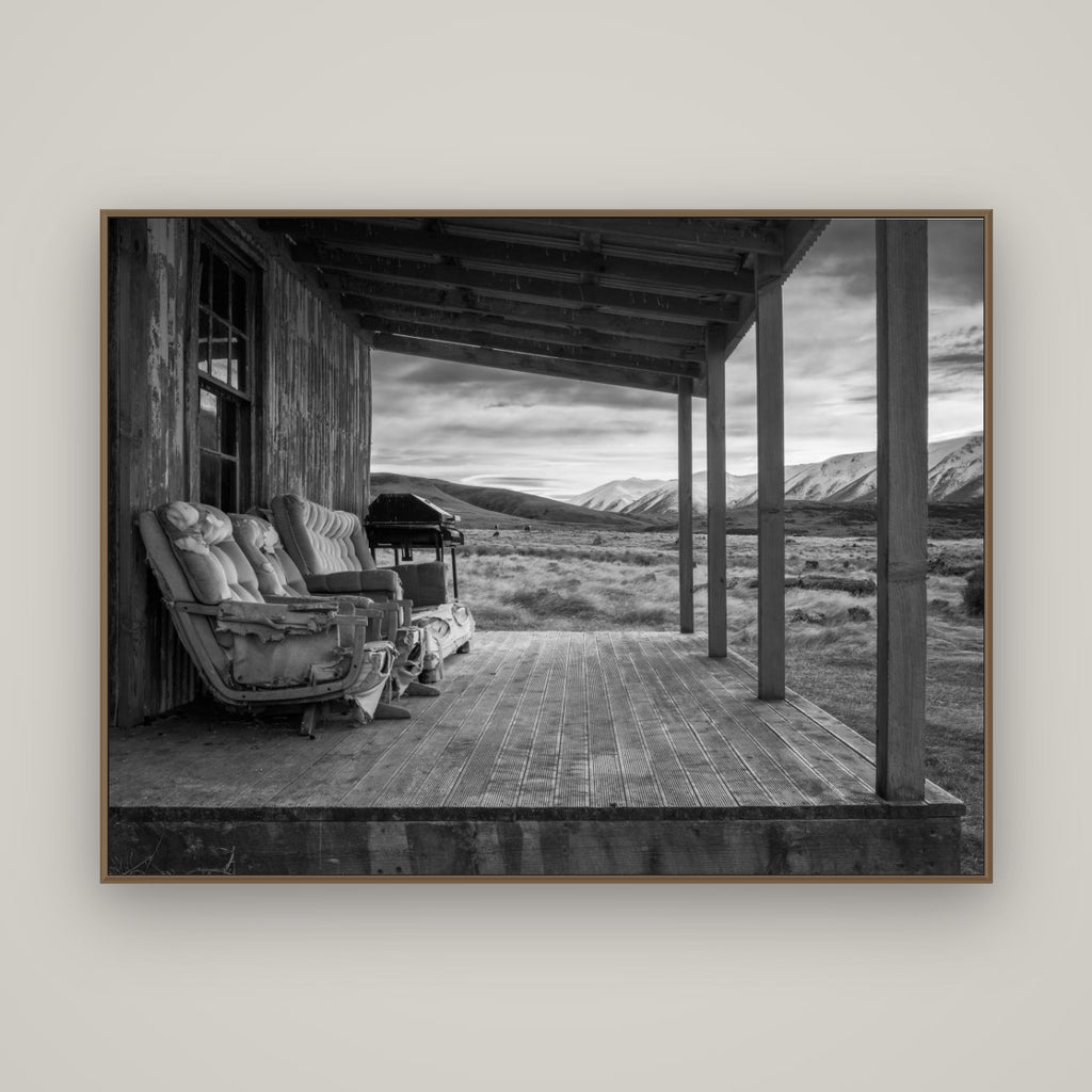 Alpine Retreat, Rustic Comfort Amidst Splendour, Basel Walnut, 160×120 cm. New Zealand fine art wall art by Stephen Milner.