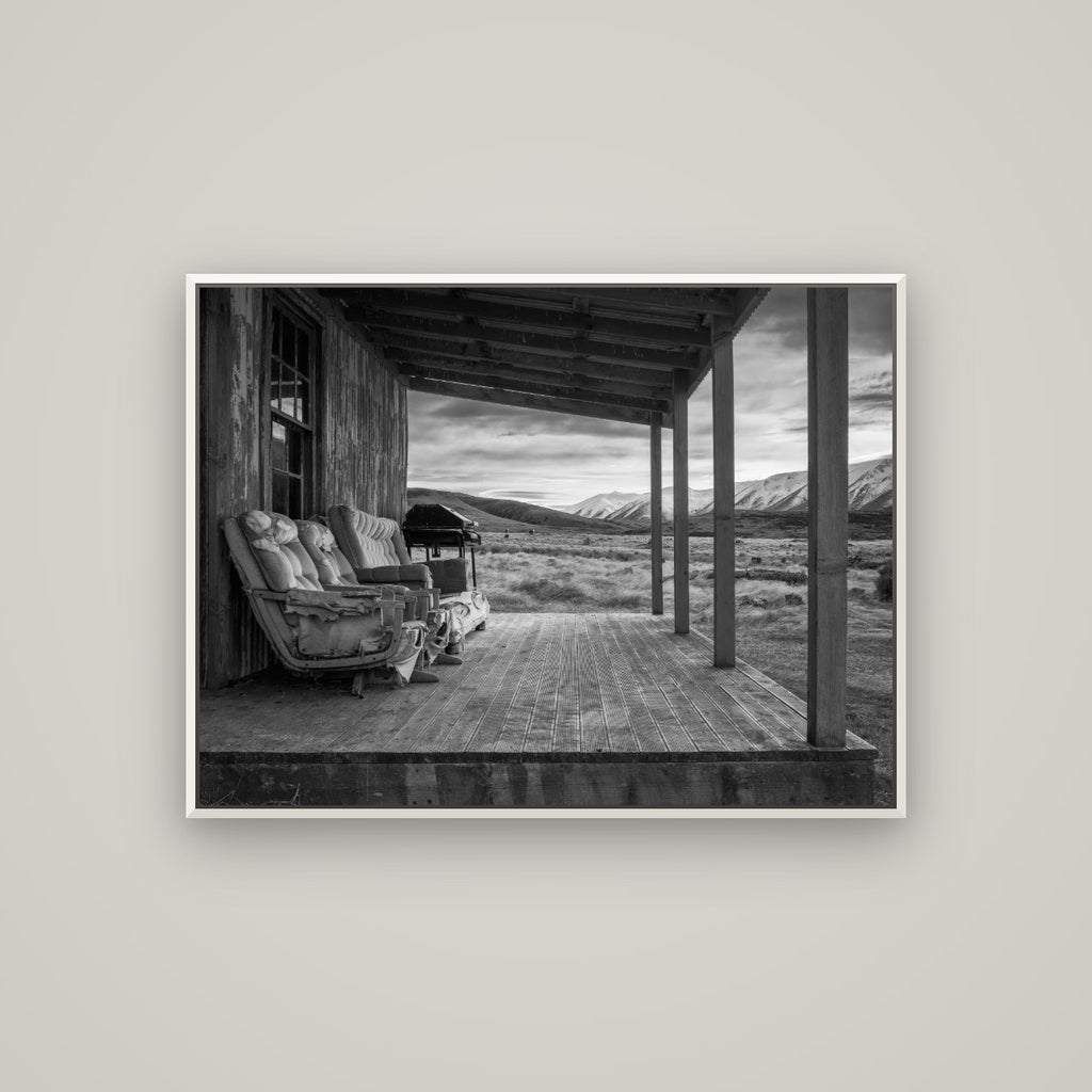 Alpine Retreat, Rustic Comfort Amidst Splendour — Basel White, 107×80 cm. New Zealand fine art wall art by Stephen Milner.