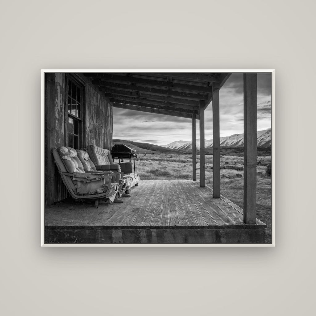 Alpine Retreat, Rustic Comfort Amidst Splendour — Basel White, 133×100 cm. New Zealand fine art wall art by Stephen Milner.