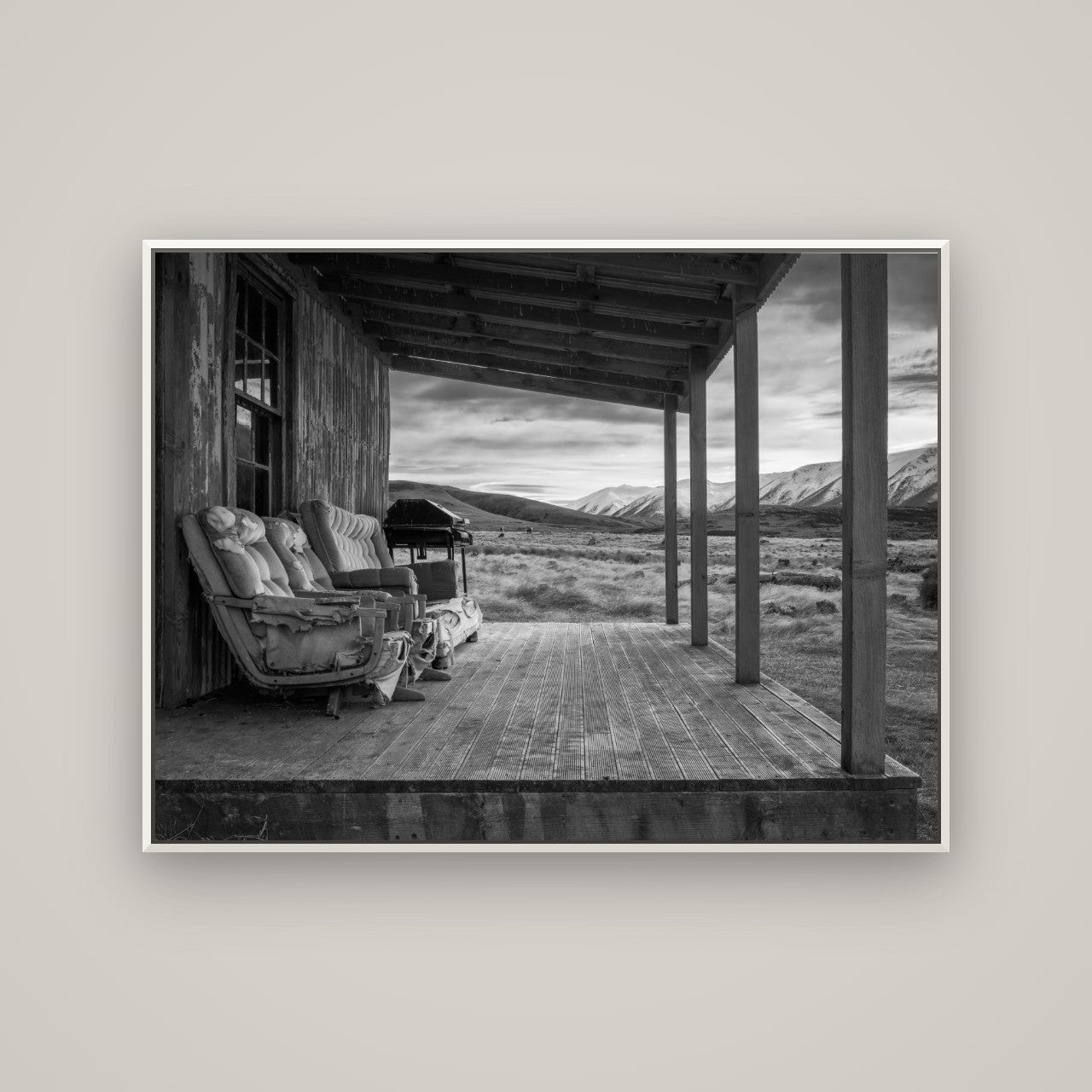 Alpine Retreat, Rustic Comfort Amidst Splendour — Basel White, 133×100 cm. New Zealand fine art wall art by Stephen Milner.