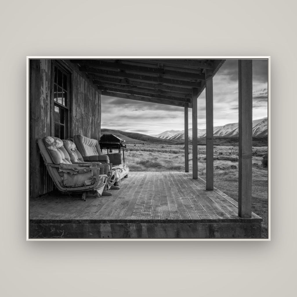 Alpine Retreat, Rustic Comfort Amidst Splendour — Basel White, 160×120 cm. New Zealand fine art wall art by Stephen Milner.