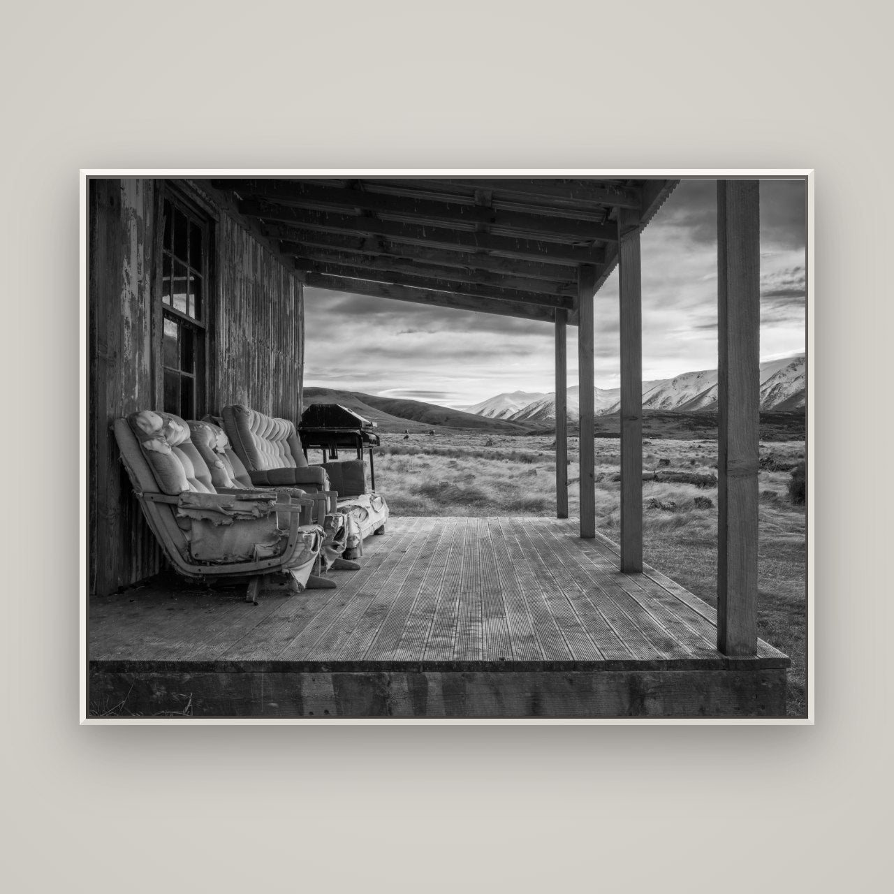Alpine Retreat, Rustic Comfort Amidst Splendour — Basel White, 160×120 cm. New Zealand fine art wall art by Stephen Milner.